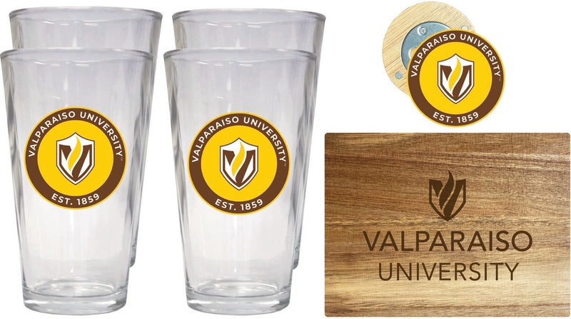 Valparaiso University Officially Licensed Kitchen Gift Pack - Engraved Wood Cutting Board, 4 Pint Glasses & Magnetic Bottle Opener 