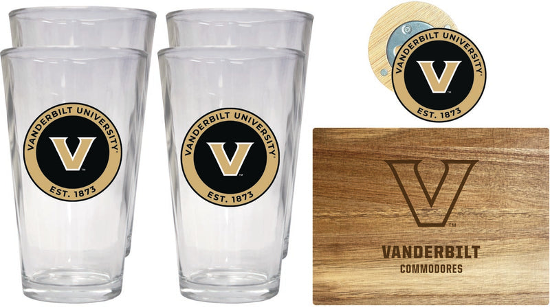 Vanderbilt University Officially Licensed Kitchen Gift Pack - Engraved Wood Cutting Board, 4 Pint Glasses & Magnetic Bottle Opener 