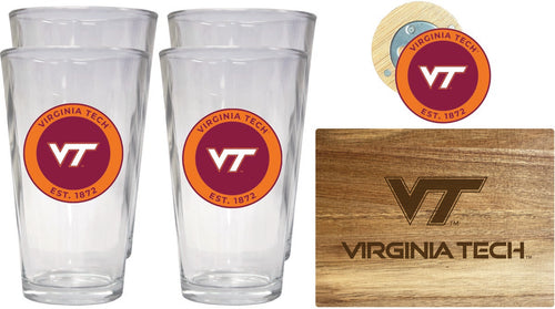Virginia Tech Hokies Officially Licensed Kitchen Gift Pack - Engraved Wood Cutting Board, 4 Pint Glasses & Magnetic Bottle Opener 