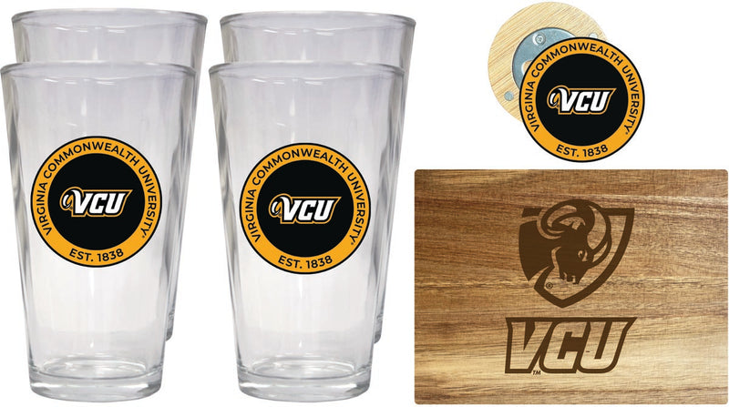 Virginia Commonwealth Officially Licensed Kitchen Gift Pack - Engraved Wood Cutting Board, 4 Pint Glasses & Magnetic Bottle Opener 