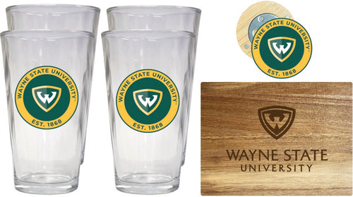 Wayne State Officially Licensed Kitchen Gift Pack - Engraved Wood Cutting Board, 4 Pint Glasses & Magnetic Bottle Opener 