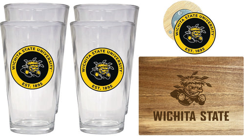 Wichita State Shockers Officially Licensed Kitchen Gift Pack - Engraved Wood Cutting Board, 4 Pint Glasses & Magnetic Bottle Opener 