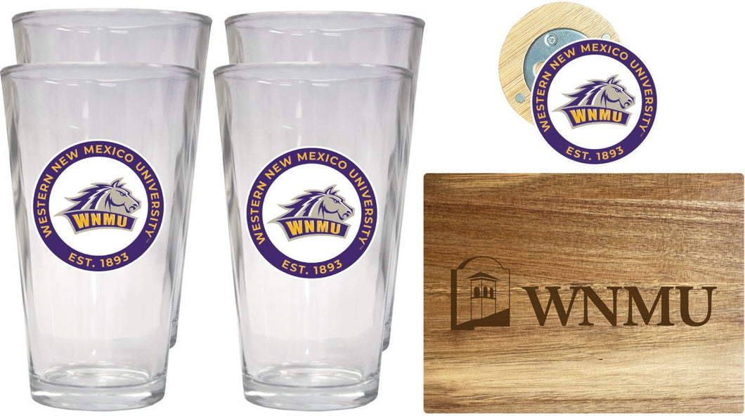 Western New Mexico University Officially Licensed Kitchen Gift Pack - Engraved Wood Cutting Board, 4 Pint Glasses & Magnetic Bottle Opener 