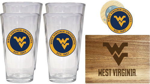 West Virginia Mountaineers Officially Licensed Kitchen Gift Pack - Engraved Wood Cutting Board, 4 Pint Glasses & Magnetic Bottle Opener 