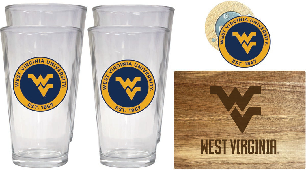 West Virginia Mountaineers Officially Licensed Kitchen Gift Pack - Engraved Wood Cutting Board, 4 Pint Glasses & Magnetic Bottle Opener 