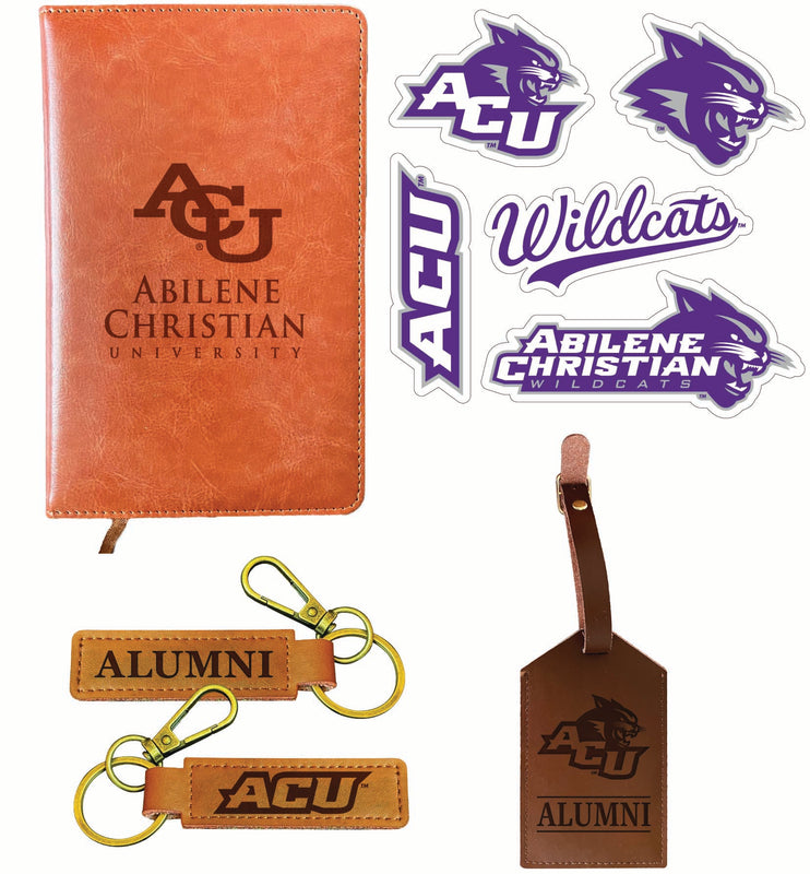 Abilene Christian University Officially Licensed College Graduation Gift Set – Engraved Leather Journal, Leather Alumni Keychain, Luggage Tag & 5-Pack Stickers 