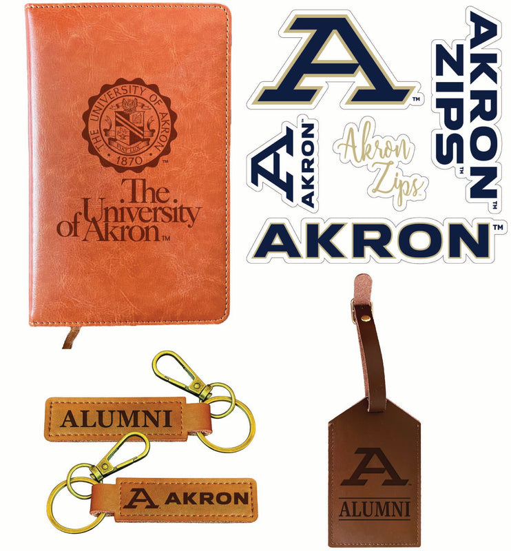 Akron Zips Officially Licensed College Graduation Gift Set – Engraved Leather Journal, Leather Alumni Keychain, Luggage Tag & 5-Pack Stickers 