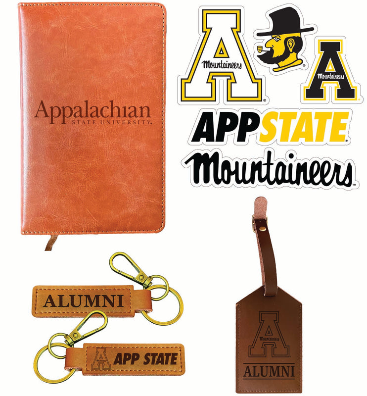 Appalachian State Officially Licensed College Graduation Gift Set – Engraved Leather Journal, Leather Alumni Keychain, Luggage Tag & 5-Pack Stickers 