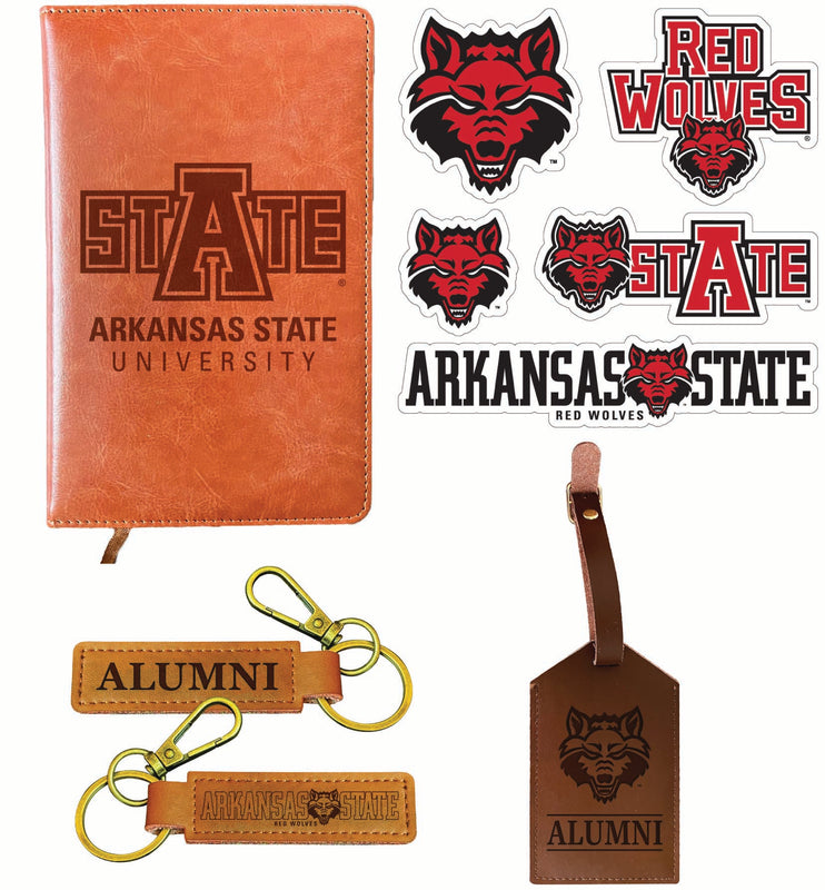 Arkansas State Officially Licensed College Graduation Gift Set – Engraved Leather Journal, Leather Alumni Keychain, Luggage Tag & 5-Pack Stickers 