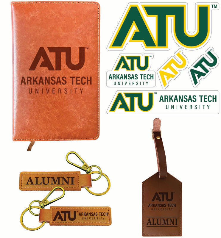Arkansas Tech University Officially Licensed College Graduation Gift Set – Engraved Leather Journal, Leather Alumni Keychain, Luggage Tag & 5-Pack Stickers 
