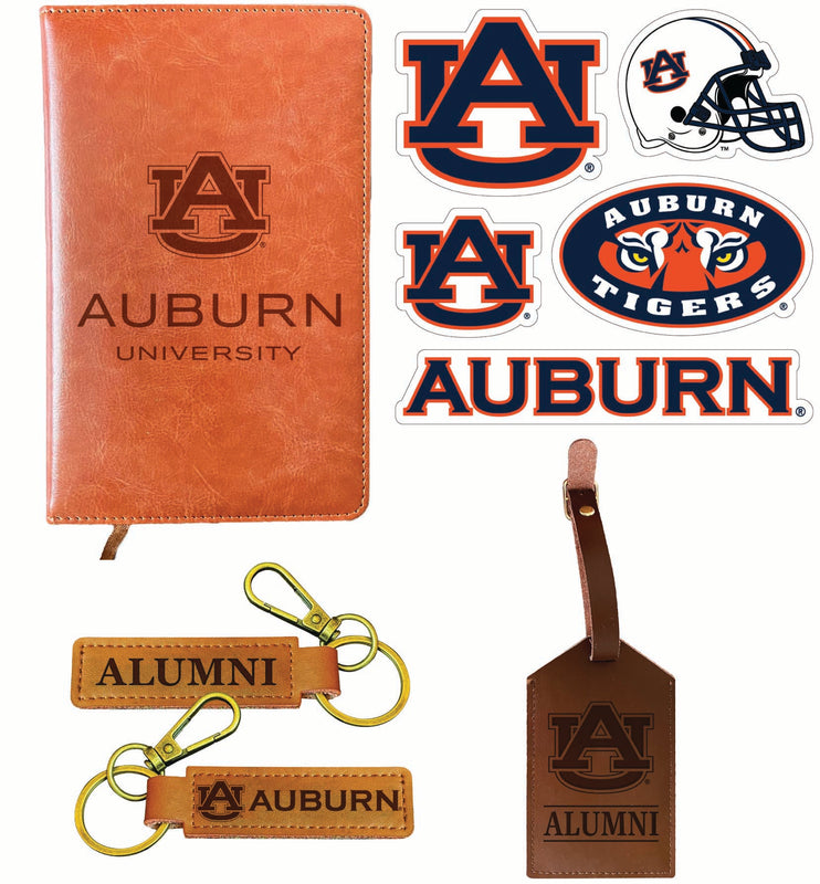 Auburn Tigers Officially Licensed College Graduation Gift Set – Engraved Leather Journal, Leather Alumni Keychain, Luggage Tag & 5-Pack Stickers 