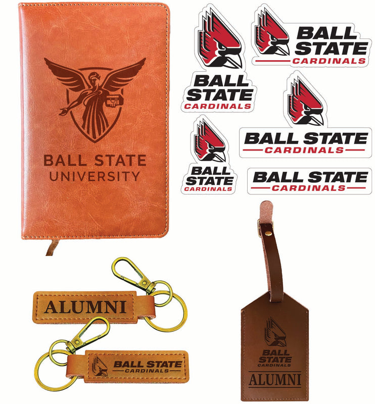 Ball State University Officially Licensed College Graduation Gift Set – Engraved Leather Journal, Leather Alumni Keychain, Luggage Tag & 5-Pack Stickers 
