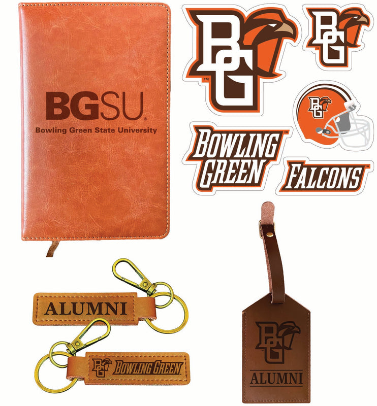 Bowling Green Falcons Officially Licensed College Graduation Gift Set – Engraved Leather Journal, Leather Alumni Keychain, Luggage Tag & 5-Pack Stickers 