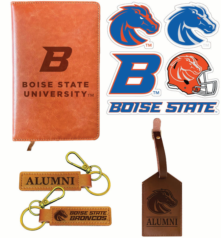 Boise State Broncos Officially Licensed College Graduation Gift Set – Engraved Leather Journal, Leather Alumni Keychain, Luggage Tag & 5-Pack Stickers 