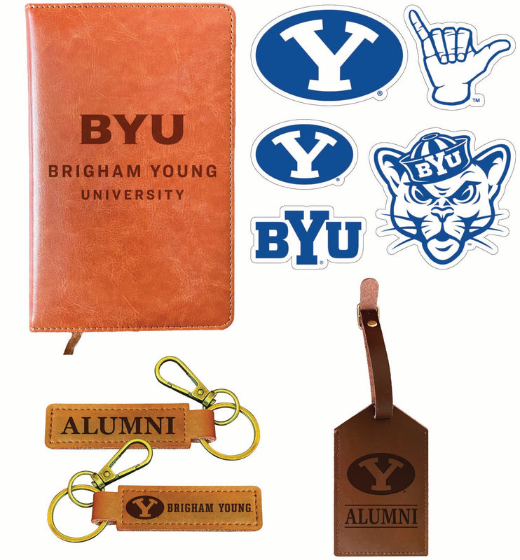 Brigham Young Cougars Officially Licensed College Graduation Gift Set – Engraved Leather Journal, Leather Alumni Keychain, Luggage Tag & 5-Pack Stickers 