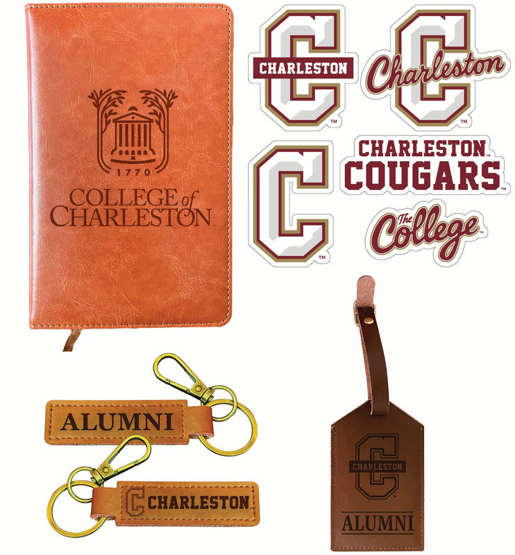 College of Charleston Officially Licensed College Graduation Gift Set – Engraved Leather Journal, Leather Alumni Keychain, Luggage Tag & 5-Pack Stickers 