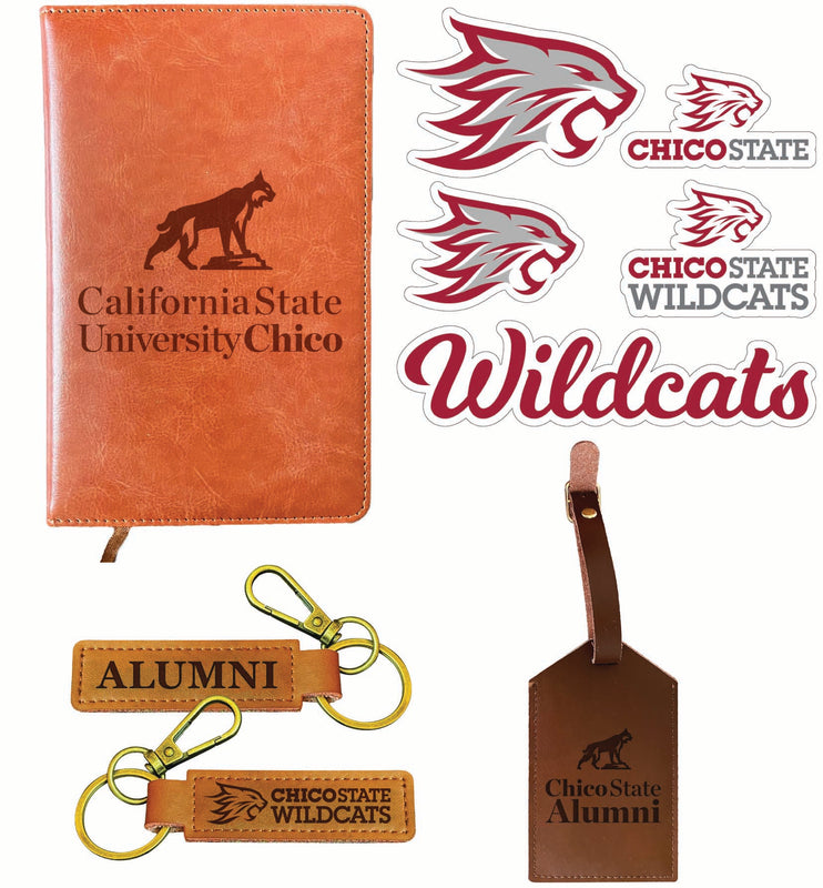 California State University, Chico Officially Licensed College Graduation Gift Set – Engraved Leather Journal, Leather Alumni Keychain, Luggage Tag & 5-Pack Stickers 