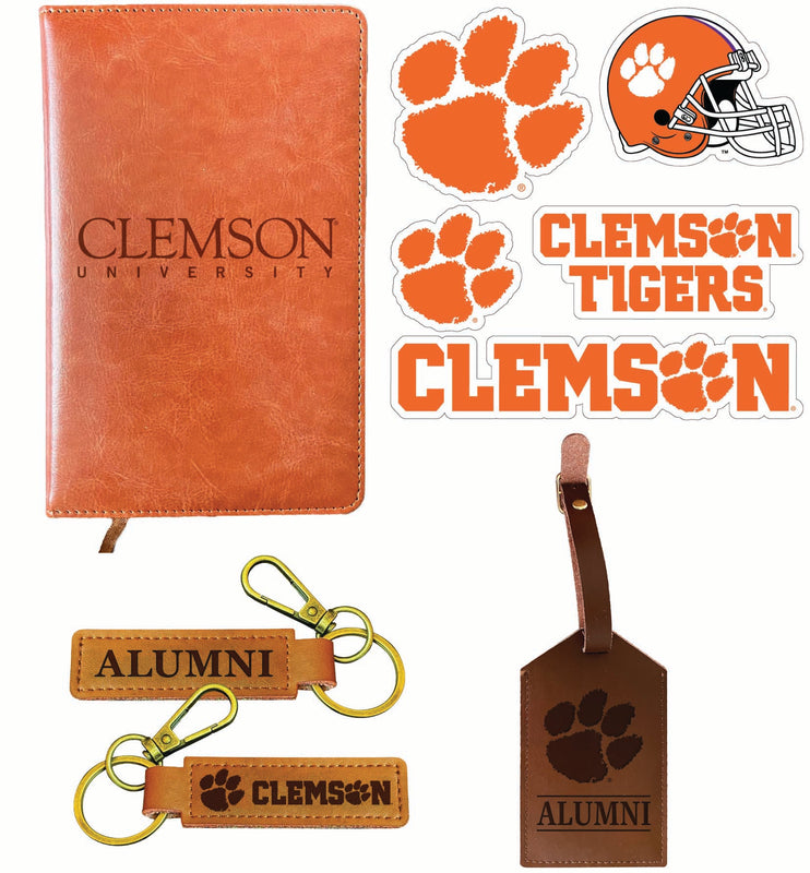Clemson Tigers Officially Licensed College Graduation Gift Set – Engraved Leather Journal, Leather Alumni Keychain, Luggage Tag & 5-Pack Stickers 