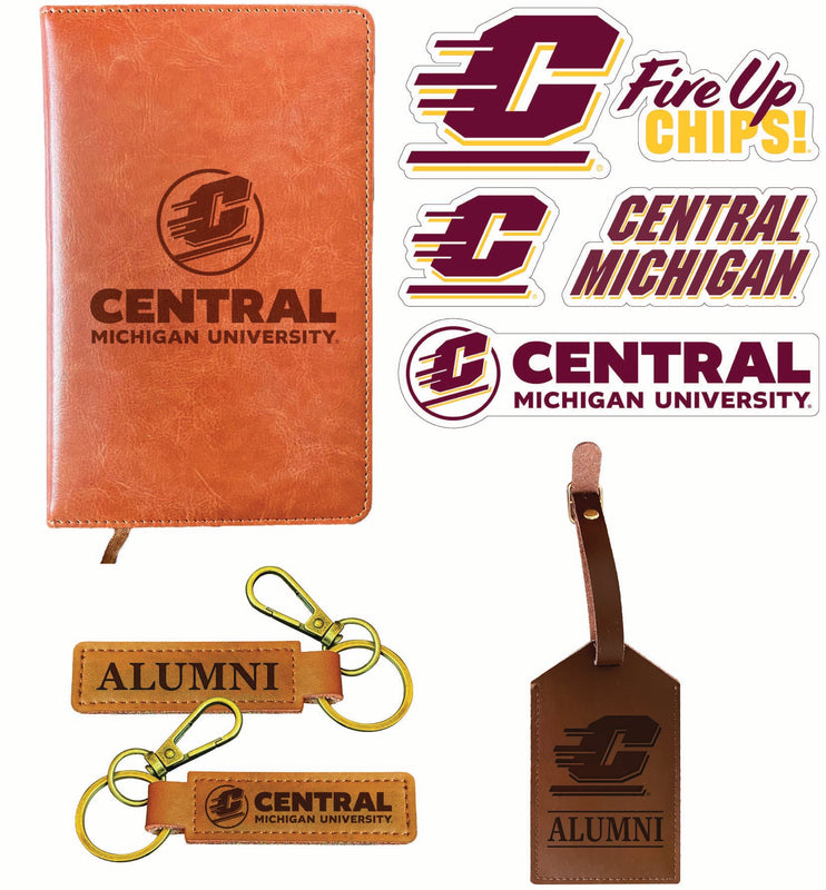 Central Michigan University Officially Licensed College Graduation Gift Set – Engraved Leather Journal, Leather Alumni Keychain, Luggage Tag & 5-Pack Stickers 