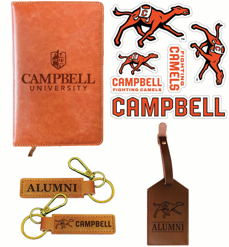 Campbell University Fighting Camels Officially Licensed College Graduation Gift Set – Engraved Leather Journal, Leather Alumni Keychain, Luggage Tag & 5-Pack Stickers 