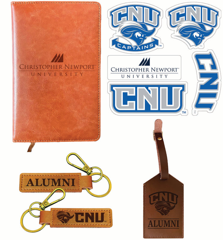 Christopher Newport Captains Officially Licensed College Graduation Gift Set – Engraved Leather Journal, Leather Alumni Keychain, Luggage Tag & 5-Pack Stickers 