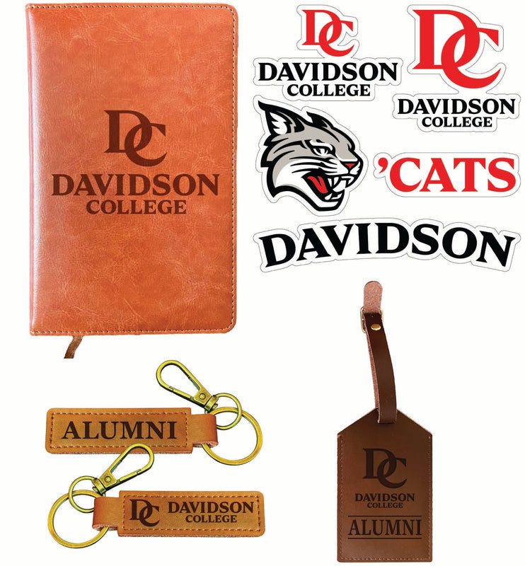 Davidson College Officially Licensed College Graduation Gift Set – Engraved Leather Journal, Leather Alumni Keychain, Luggage Tag & 5-Pack Stickers 