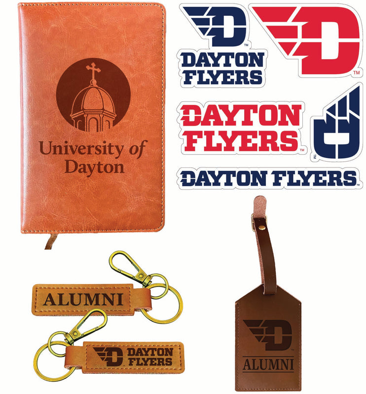 Dayton Flyers Officially Licensed College Graduation Gift Set – Engraved Leather Journal, Leather Alumni Keychain, Luggage Tag & 5-Pack Stickers 