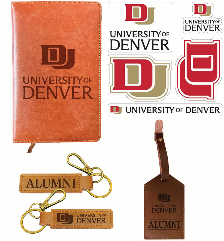 University of Denver Pioneers Officially Licensed College Graduation Gift Set – Engraved Leather Journal, Leather Alumni Keychain, Luggage Tag & 5-Pack Stickers 