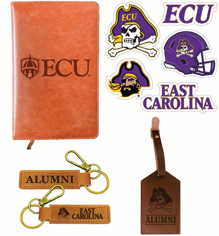 East Carolina Pirates Officially Licensed College Graduation Gift Set – Engraved Leather Journal, Leather Alumni Keychain, Luggage Tag & 5-Pack Stickers 