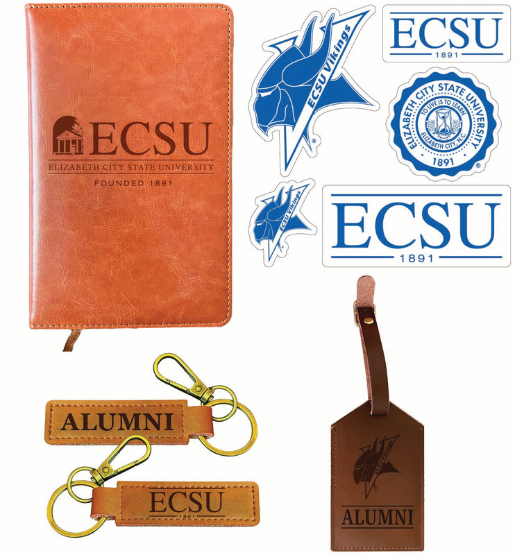 Elizabeth City State University Officially Licensed College Graduation Gift Set – Engraved Leather Journal, Leather Alumni Keychain, Luggage Tag & 5-Pack Stickers 