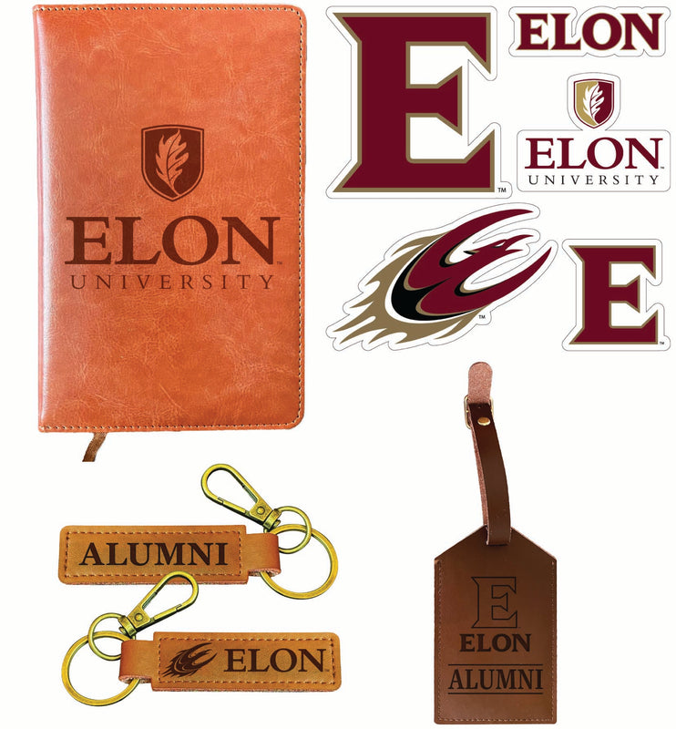 Elon University Officially Licensed College Graduation Gift Set – Engraved Leather Journal, Leather Alumni Keychain, Luggage Tag & 5-Pack Stickers 