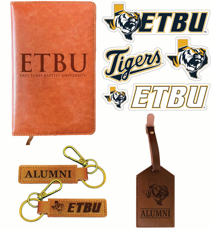 East Texas Baptist University Officially Licensed College Graduation Gift Set – Engraved Leather Journal, Leather Alumni Keychain, Luggage Tag & 5-Pack Stickers 