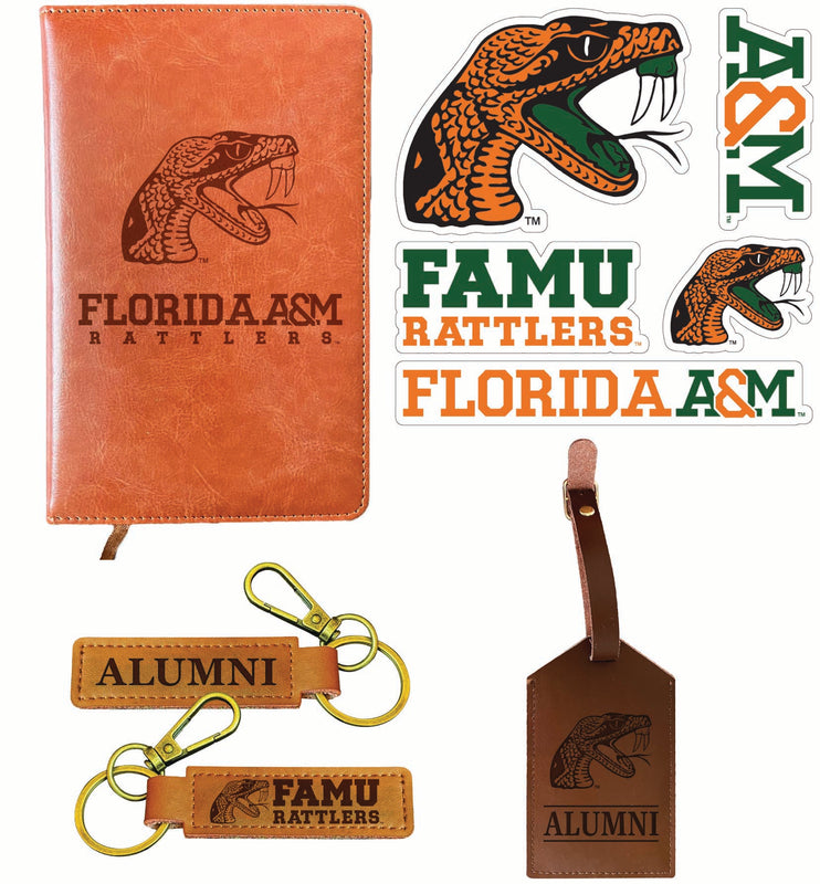 Florida A&M Rattlers Officially Licensed College Graduation Gift Set – Engraved Leather Journal, Leather Alumni Keychain, Luggage Tag & 5-Pack Stickers 