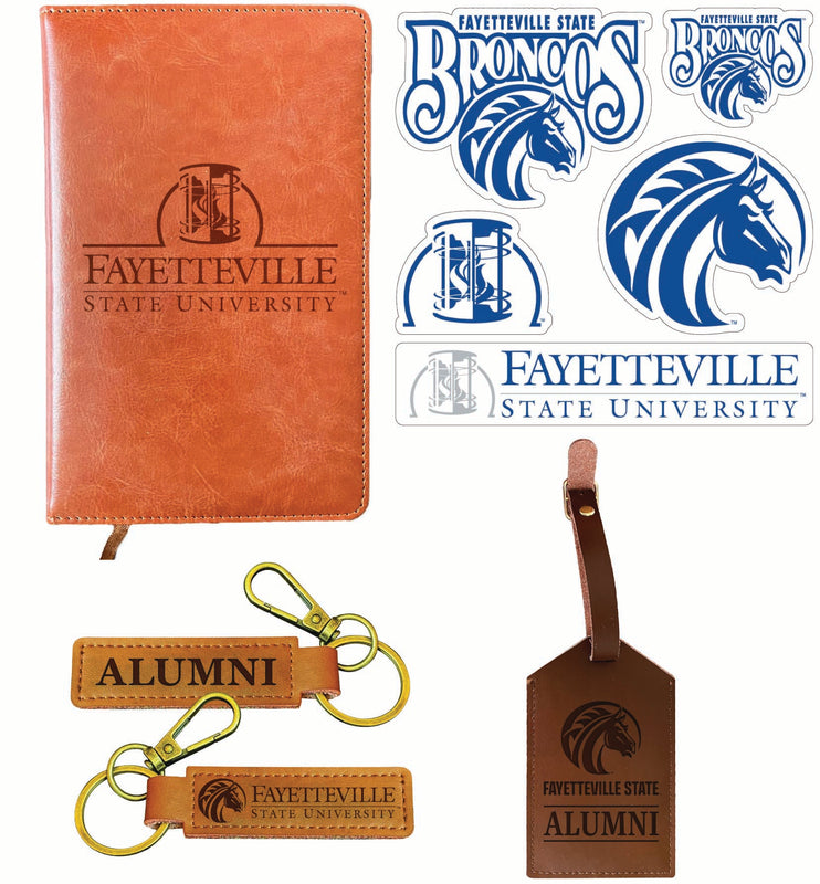 Fayetteville State University Officially Licensed College Graduation Gift Set – Engraved Leather Journal, Leather Alumni Keychain, Luggage Tag & 5-Pack Stickers 