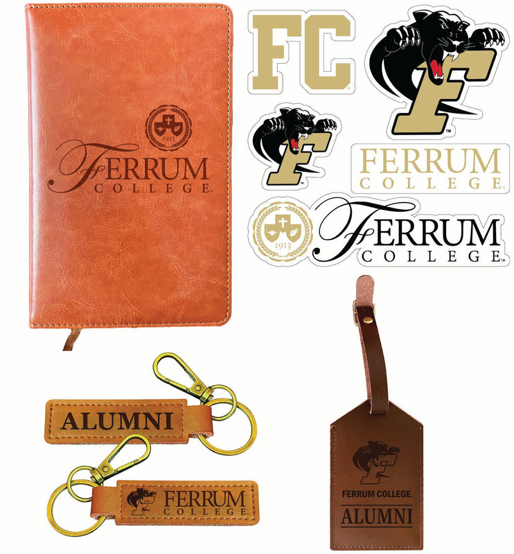 Ferrum College Officially Licensed College Graduation Gift Set – Engraved Leather Journal, Leather Alumni Keychain, Luggage Tag & 5-Pack Stickers 