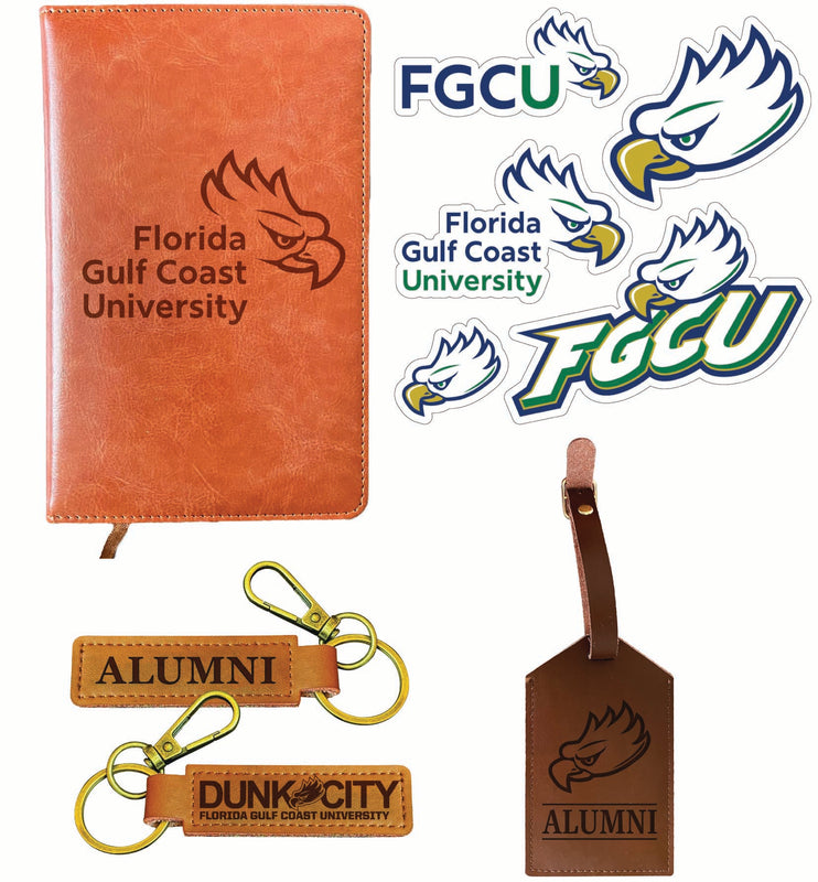 Florida Gulf Coast Eagles Officially Licensed College Graduation Gift Set – Engraved Leather Journal, Leather Alumni Keychain, Luggage Tag & 5-Pack Stickers 