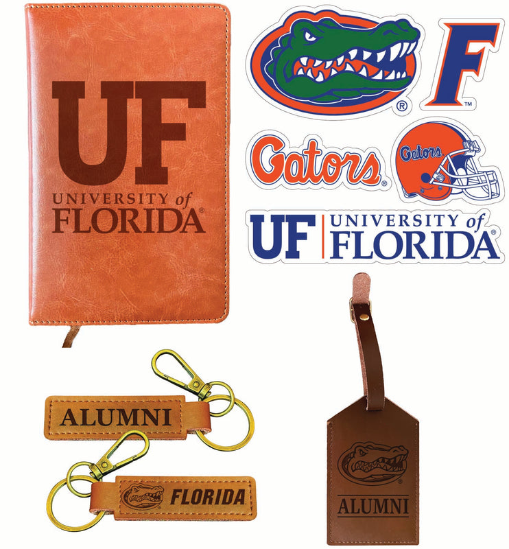 Florida Gators Officially Licensed College Graduation Gift Set – Engraved Leather Journal, Leather Alumni Keychain, Luggage Tag & 5-Pack Stickers 