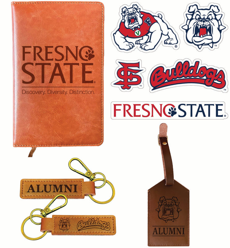 Fresno State Bulldogs Officially Licensed College Graduation Gift Set – Engraved Leather Journal, Leather Alumni Keychain, Luggage Tag & 5-Pack Stickers 
