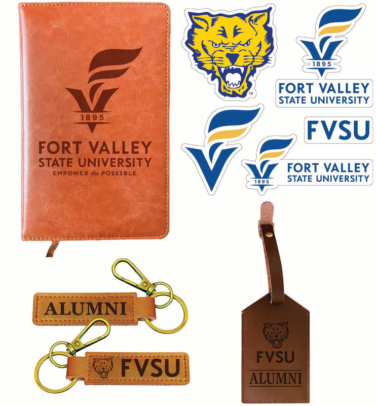 Fort Valley State University Officially Licensed College Graduation Gift Set – Engraved Leather Journal, Leather Alumni Keychain, Luggage Tag & 5-Pack Stickers 