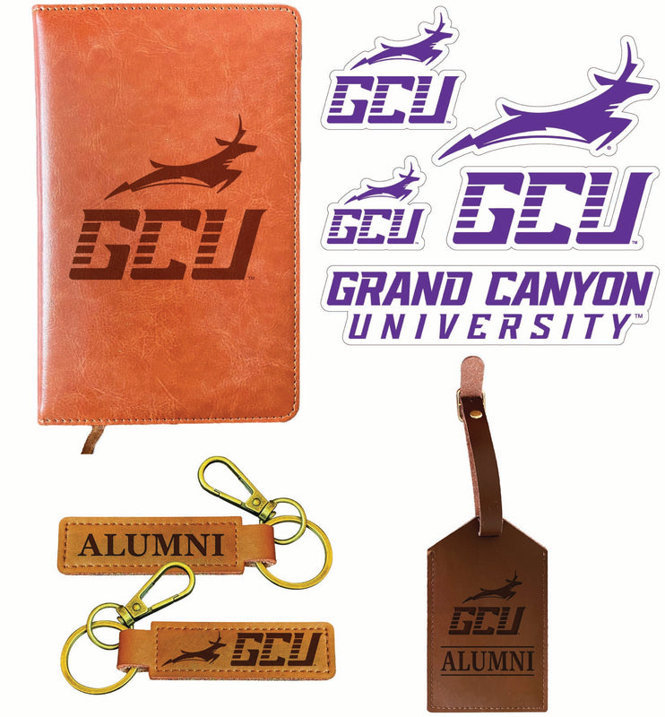 Grand Canyon University Lopes Officially Licensed College Graduation Gift Set – Engraved Leather Journal, Leather Alumni Keychain, Luggage Tag & 5-Pack Stickers 