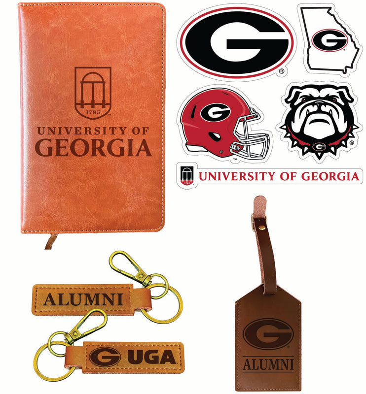 Georgia Bulldogs Officially Licensed College Graduation Gift Set – Engraved Leather Journal, Leather Alumni Keychain, Luggage Tag & 5-Pack Stickers 
