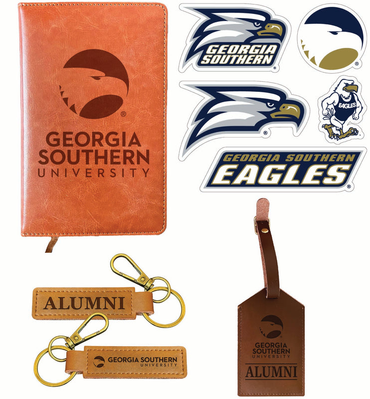 Georgia Southern Eagles Officially Licensed College Graduation Gift Set – Engraved Leather Journal, Leather Alumni Keychain, Luggage Tag & 5-Pack Stickers 