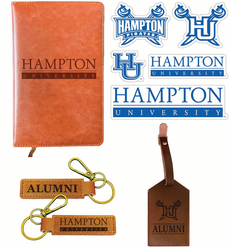 Hampton University Officially Licensed College Graduation Gift Set – Engraved Leather Journal, Leather Alumni Keychain, Luggage Tag & 5-Pack Stickers 