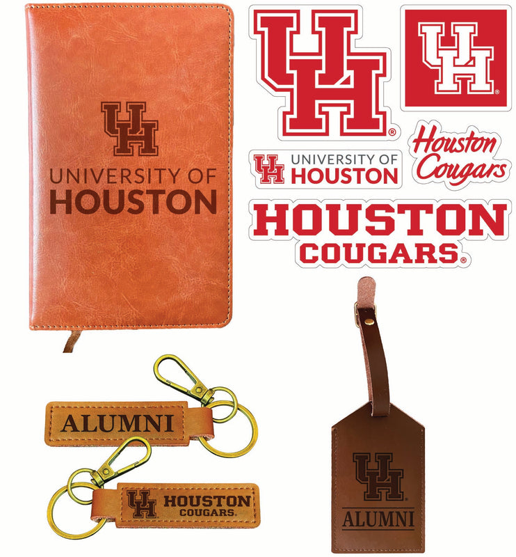 University of Houston Officially Licensed College Graduation Gift Set – Engraved Leather Journal, Leather Alumni Keychain, Luggage Tag & 5-Pack Stickers 