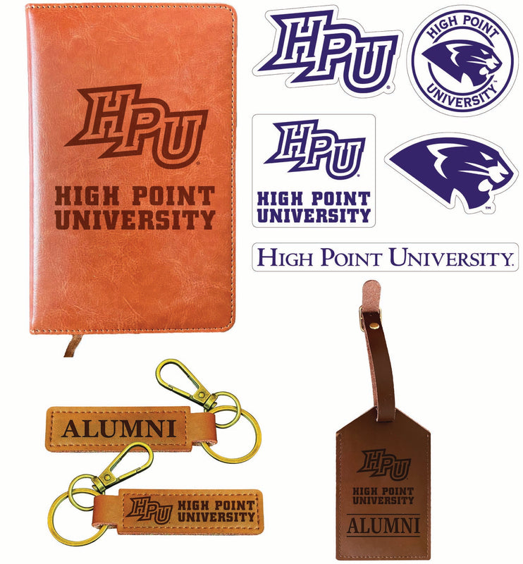 High Point University Officially Licensed College Graduation Gift Set – Engraved Leather Journal, Leather Alumni Keychain, Luggage Tag & 5-Pack Stickers 