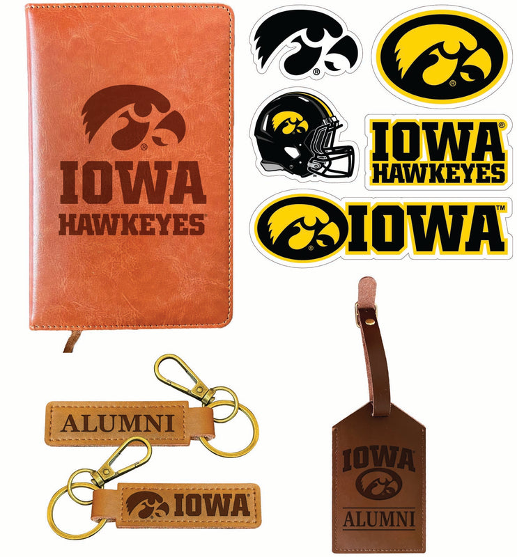 Iowa Hawkeyes Officially Licensed College Graduation Gift Set – Engraved Leather Journal, Leather Alumni Keychain, Luggage Tag & 5-Pack Stickers 