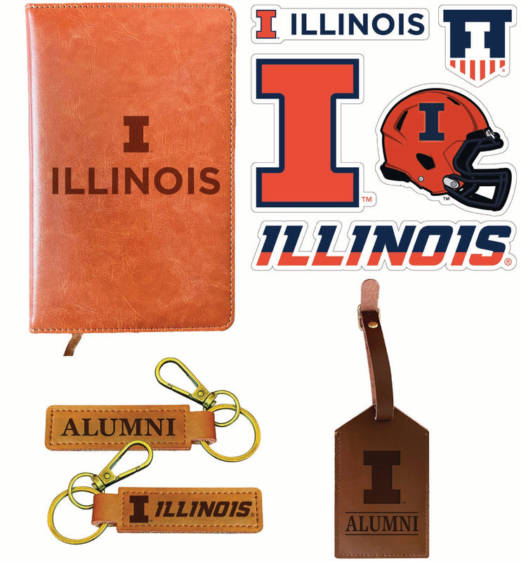 Illinois Fighting Illini Officially Licensed College Graduation Gift Set – Engraved Leather Journal, Leather Alumni Keychain, Luggage Tag & 5-Pack Stickers 