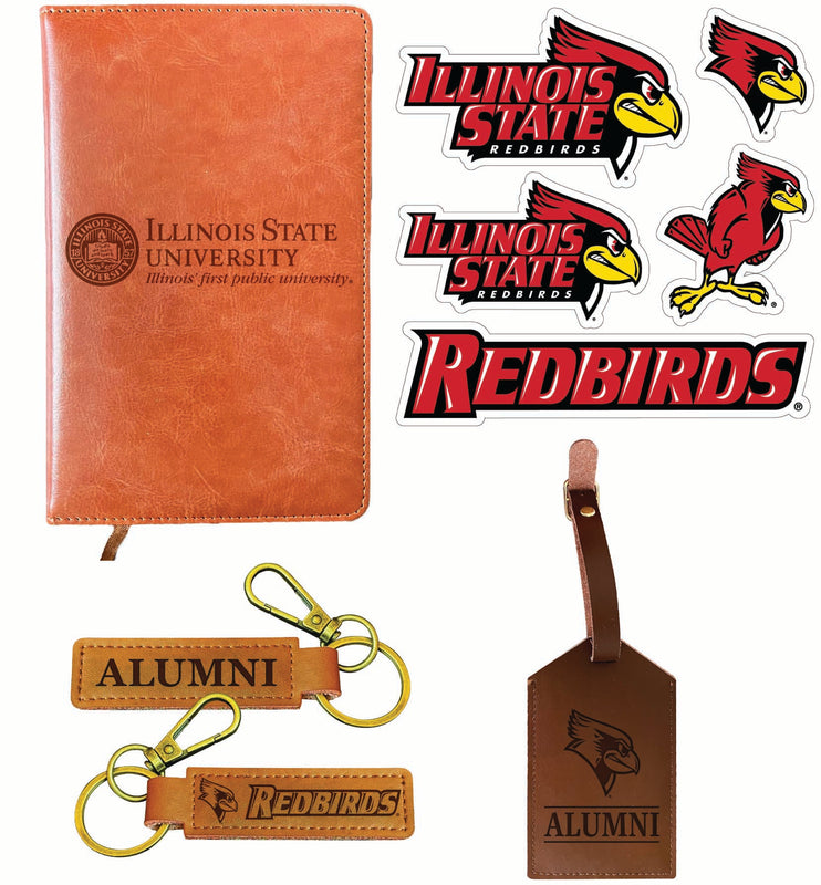 Illinois State Redbirds Officially Licensed College Graduation Gift Set – Engraved Leather Journal, Leather Alumni Keychain, Luggage Tag & 5-Pack Stickers 