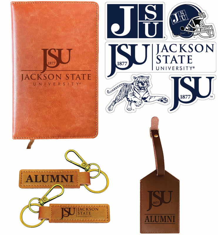 Jackson State University Officially Licensed College Graduation Gift Set – Engraved Leather Journal, Leather Alumni Keychain, Luggage Tag & 5-Pack Stickers 