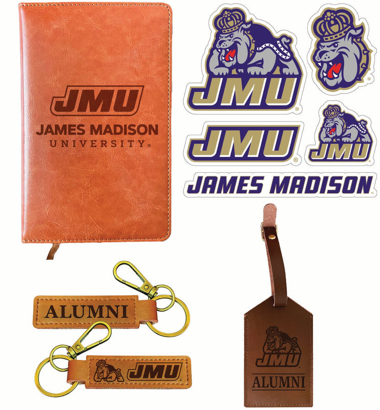 James Madison Dukes Officially Licensed College Graduation Gift Set – Engraved Leather Journal, Leather Alumni Keychain, Luggage Tag & 5-Pack Stickers 